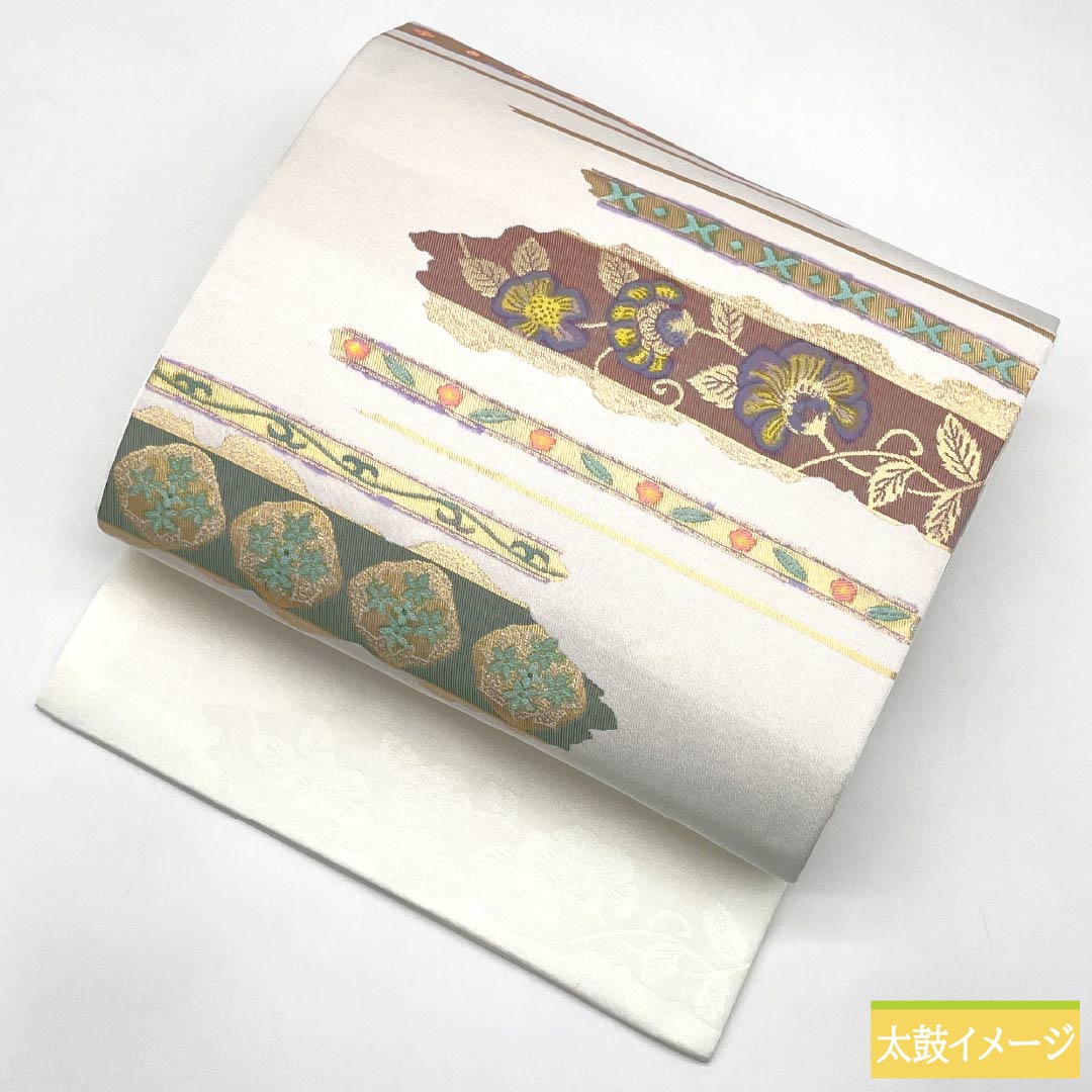 Nagoya Obi, Polyester, S-Rank, Classic Pattern, Horizontal Stripes, Chinese Flowers, Length 372cm, Pointed Pattern, Semi-Formal, White, 1124010792311, Nagoya Style