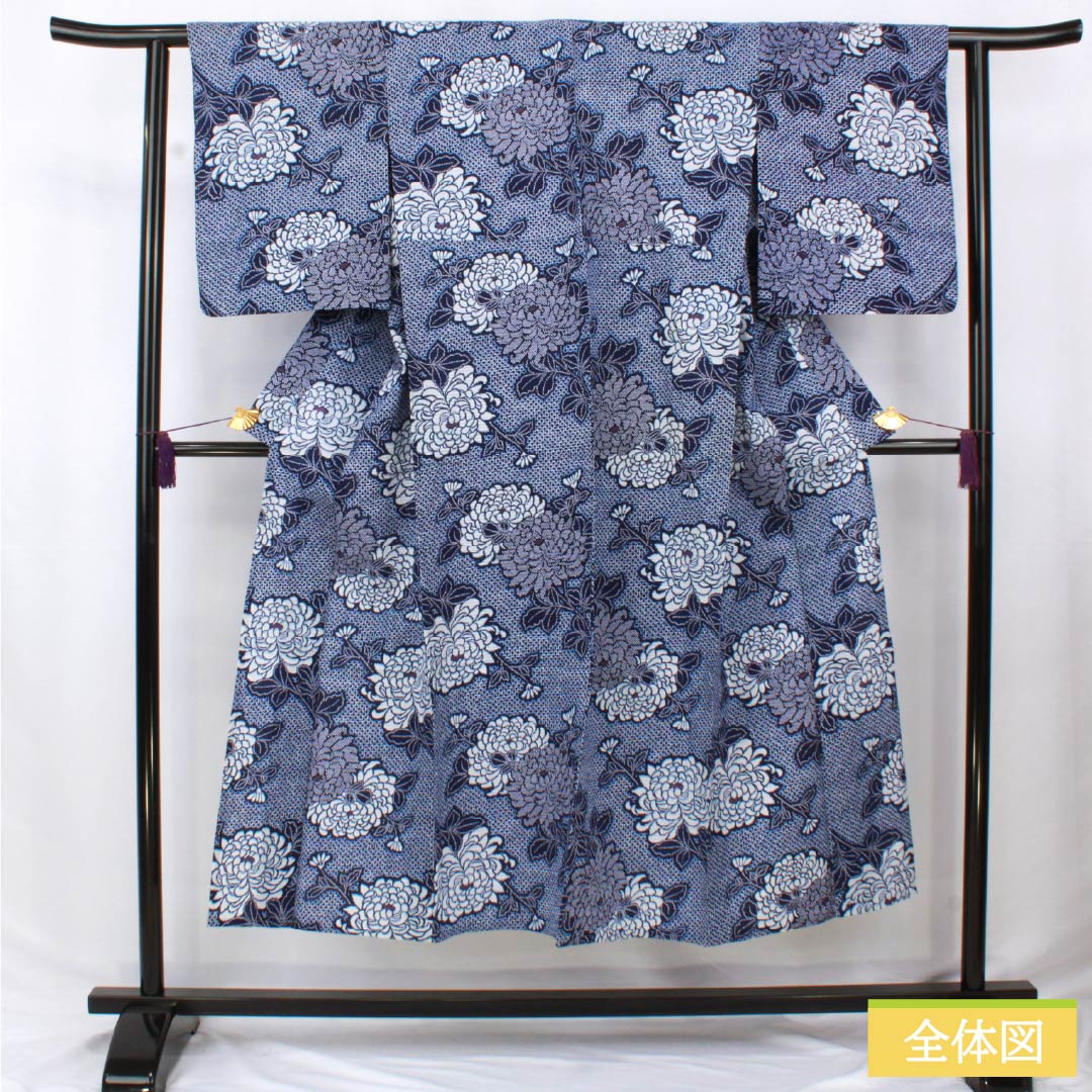 Cotton Yukata, Length 146.5cm, Sleeve Length 60.5cm, S Rank, Single Layer, Navy Blue, Chrysanthemum, Ripple Pattern, 1118006552118