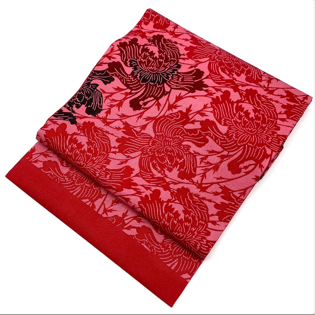 名古屋帯 中紅花色 草花模様 染帯 帯丈358cm 正絹 Aランク 六通 カジュアル 赤系 1124003493312  名古屋仕立て