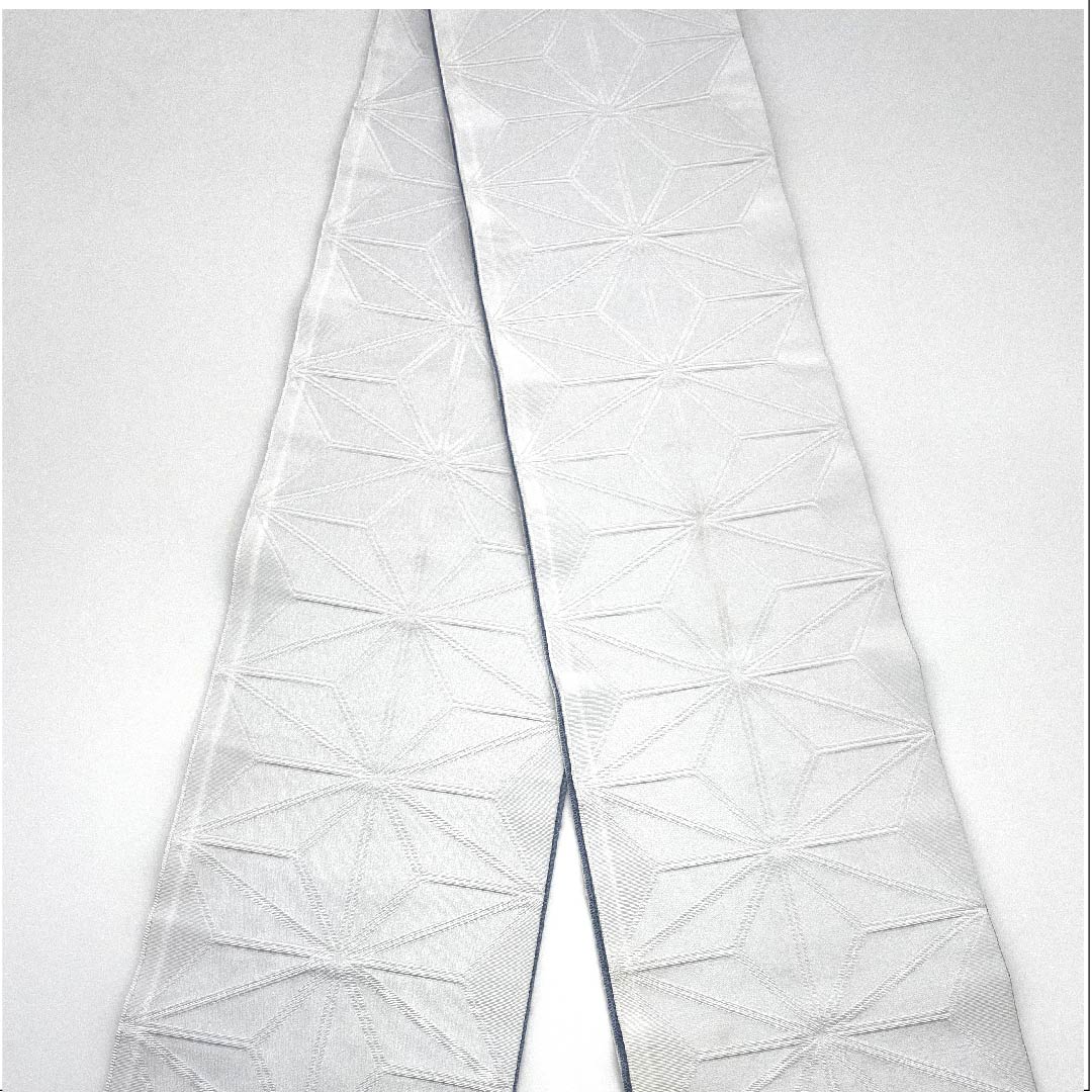 Half-width obi, polyester, lead white, blue and gray, hemp leaf, classic pattern, reversible, obi length 388cm, white, A rank, 1125001203311