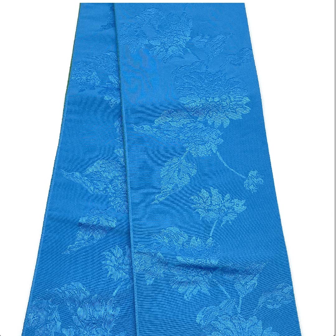 Half-width obi, polyester, indigo blue, floral and plant patterns, reversible, obi length 364cm, blue, S rank, 1125000902317
