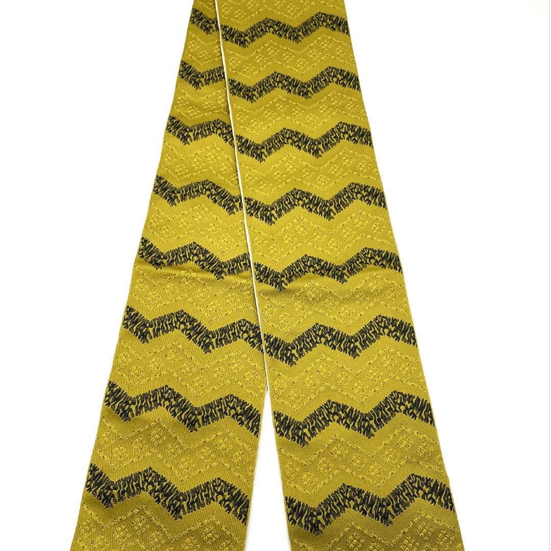 (New) Reversible Hanhaba Obi, Polyester, New Rank, Canola Oil Color (Greenish-Yellow), Susuki Color (Light Grayish-Blue), Zigzag Pattern, Abstract Floral Pattern, Obi Length 400cm, Green-Tone 1125002501419