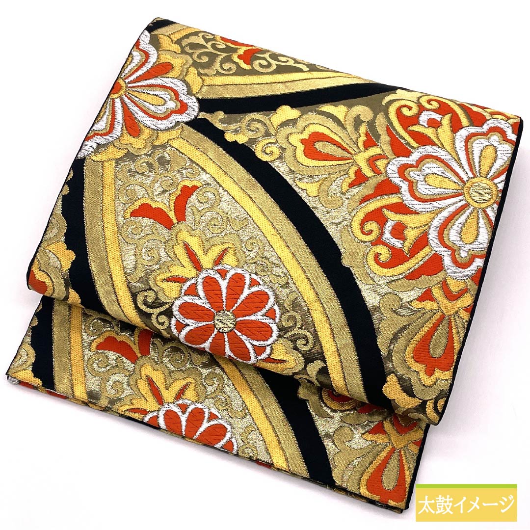 Formal black obi, pure silk, grade A, with shippo plaque and Chinese floral motifs, suitable for furisode (long-sleeved kimono). Length: 428cm. Includes six obi stripes. Product code: 1123015443310