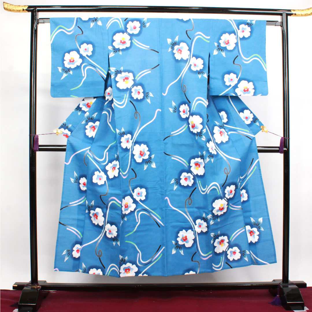 Yukata, sky blue, floral pattern, cotton, S rank, single layer, length 152cm, sleeve length 63cm, blue 1118003342217