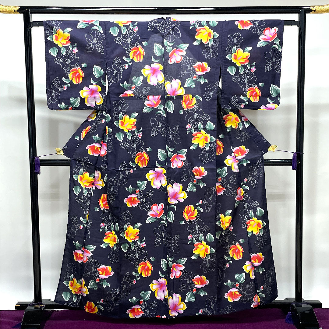 Yukata, purple, floral pattern, cotton, S rank, single layer, length 162.5cm, sleeve length 64.5cm, purple, 1118002352420