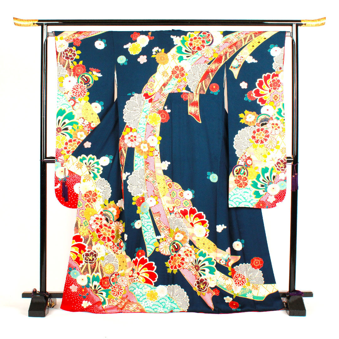 振袖 身丈170cm 裄丈68cm 袷  京友禅 熨斗に花模様 ポリエステル Sランク 紺系 1113000532618
