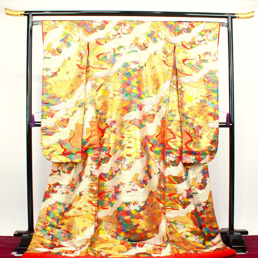 色打掛 身丈182cm  唐織 鶴 松 梅 波 正絹 Sランク 袷 グラデーション系 1110000582999