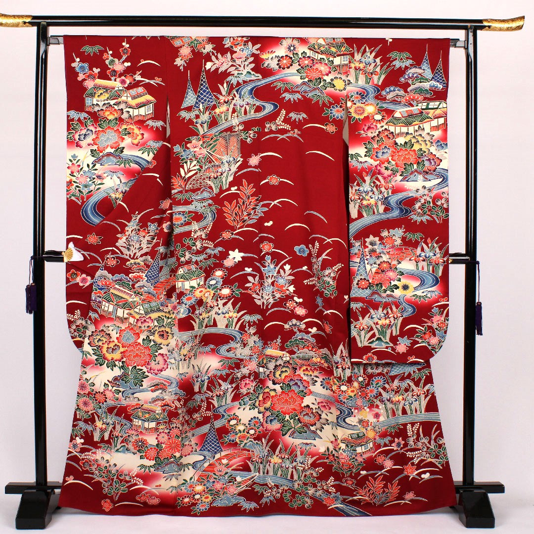 Long-sleeved kimono, length 167cm, sleeve length 66cm, lined, Kyoto Bingata, Chayatsuji pattern, pure silk, A rank, red, 1113000103512