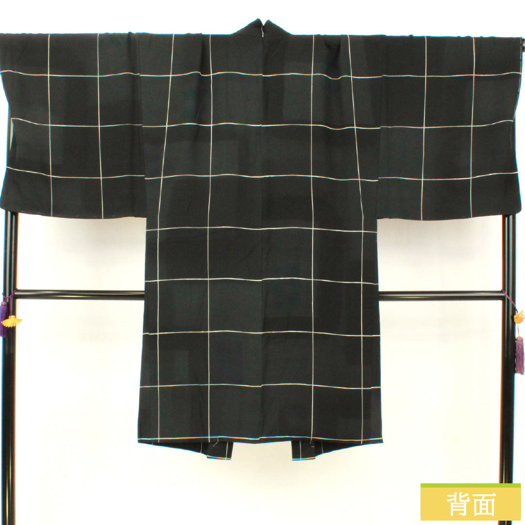 男物 正絹 Sランク 身丈104cm 裄丈75cm 格子 染め しつけ糸付き 黒系 1119001542110