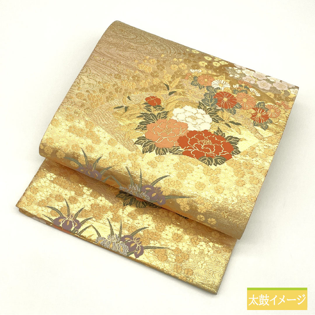 袋帯 正絹 Aランク 西陣織 扇面 花模様 留袖用  帯丈430cm 六通 フォーマル 金系 1123016493321