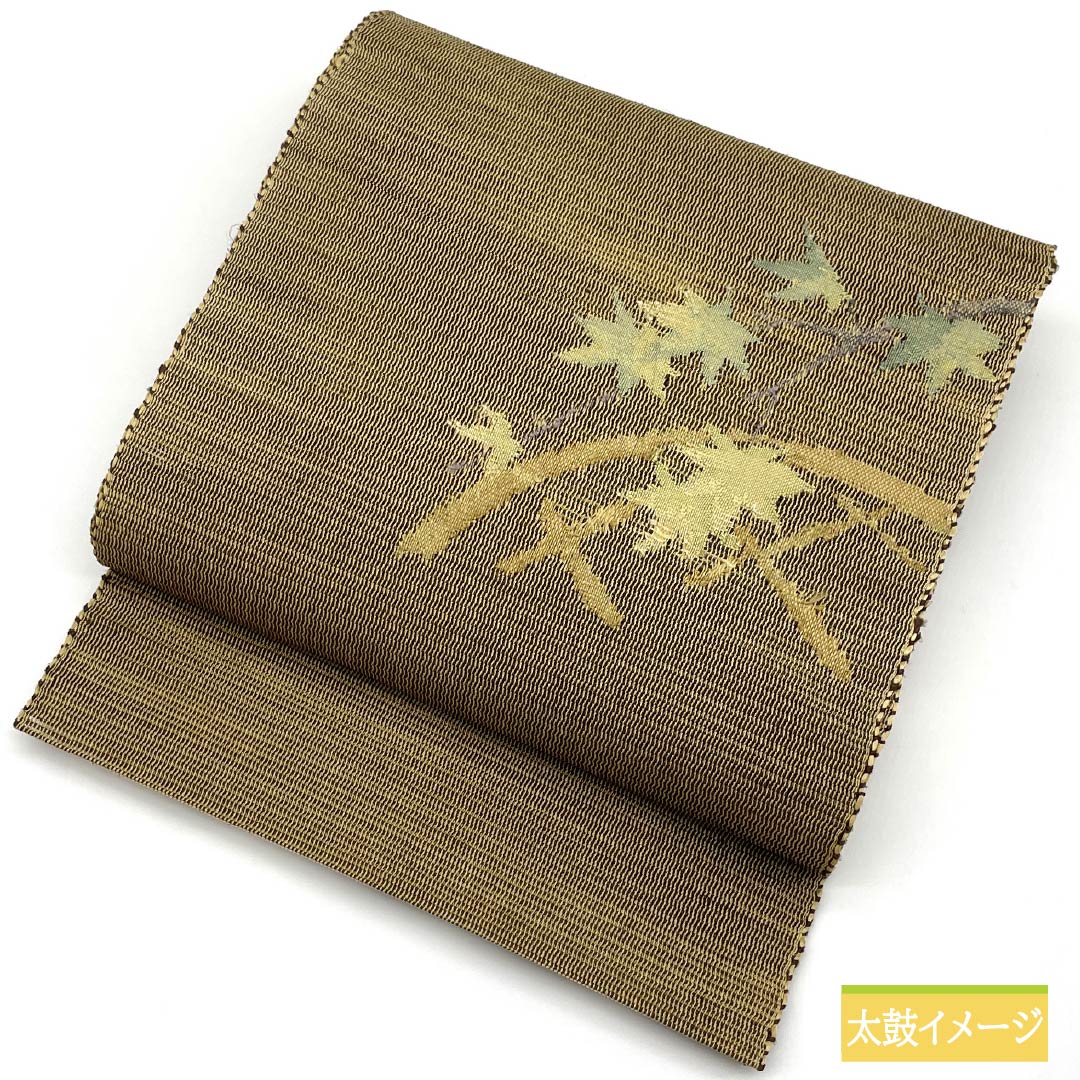 Nagoya obi, pure silk, straw color, summer obi, maple leaf, obi length 355cm, S rank, point pattern, semi-formal, beige, 1124008192325, pine needle style