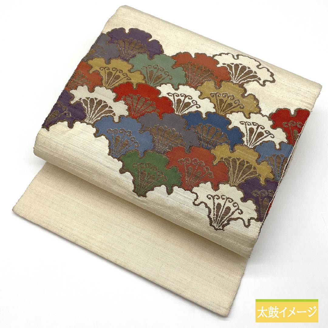 Nagoya obi, natural color (kinariiro), pongee fabric, Yukiwa Seigaiha pattern, obi length 351cm, pure silk, S rank, point pattern, casual, cream color, 1124008212315, Nagoya style