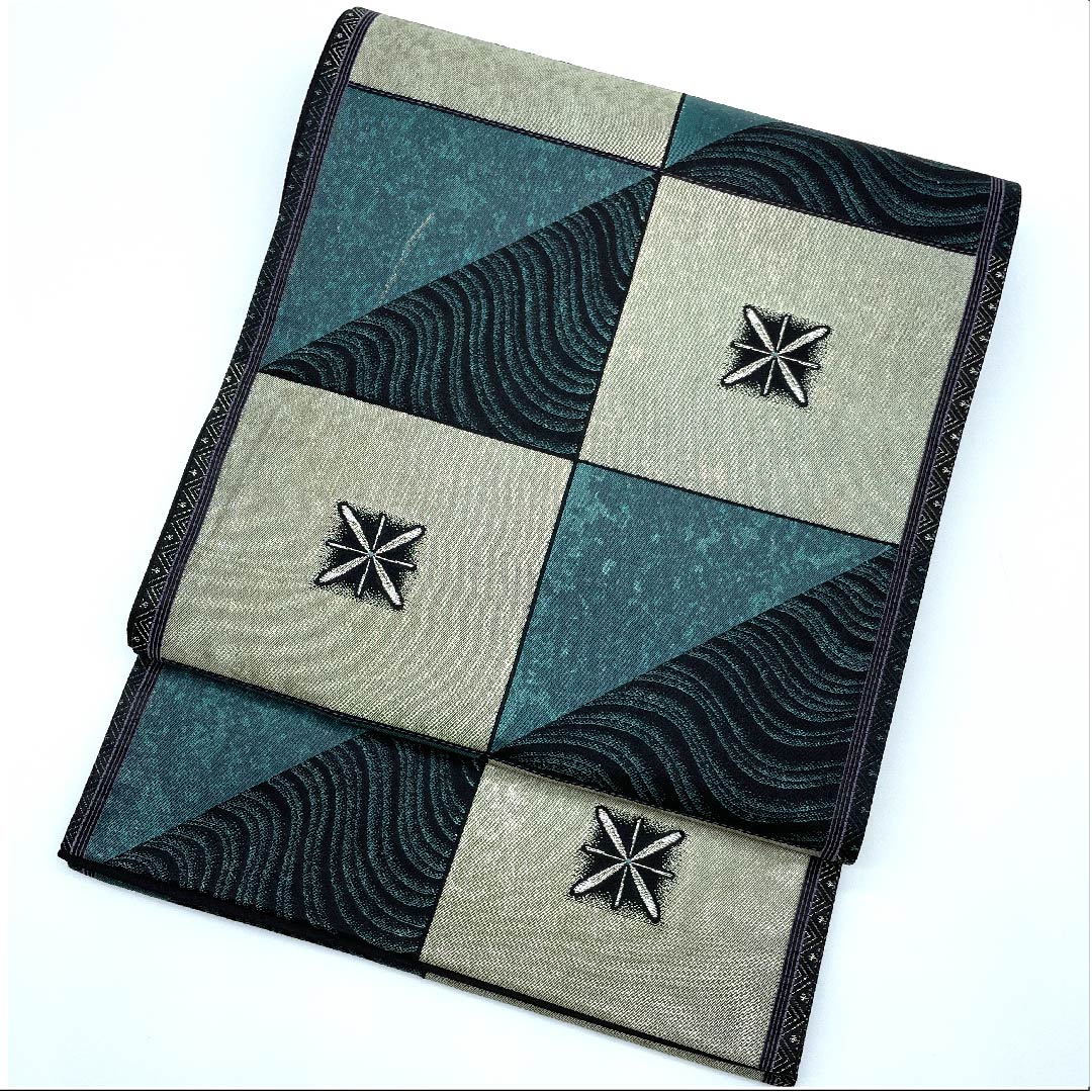 Fukuro Obi Deep Indigo Checkered Pattern Star Wave Length 427cm Pure Silk A Rank Six-way Semi-formal Green 1123009003319