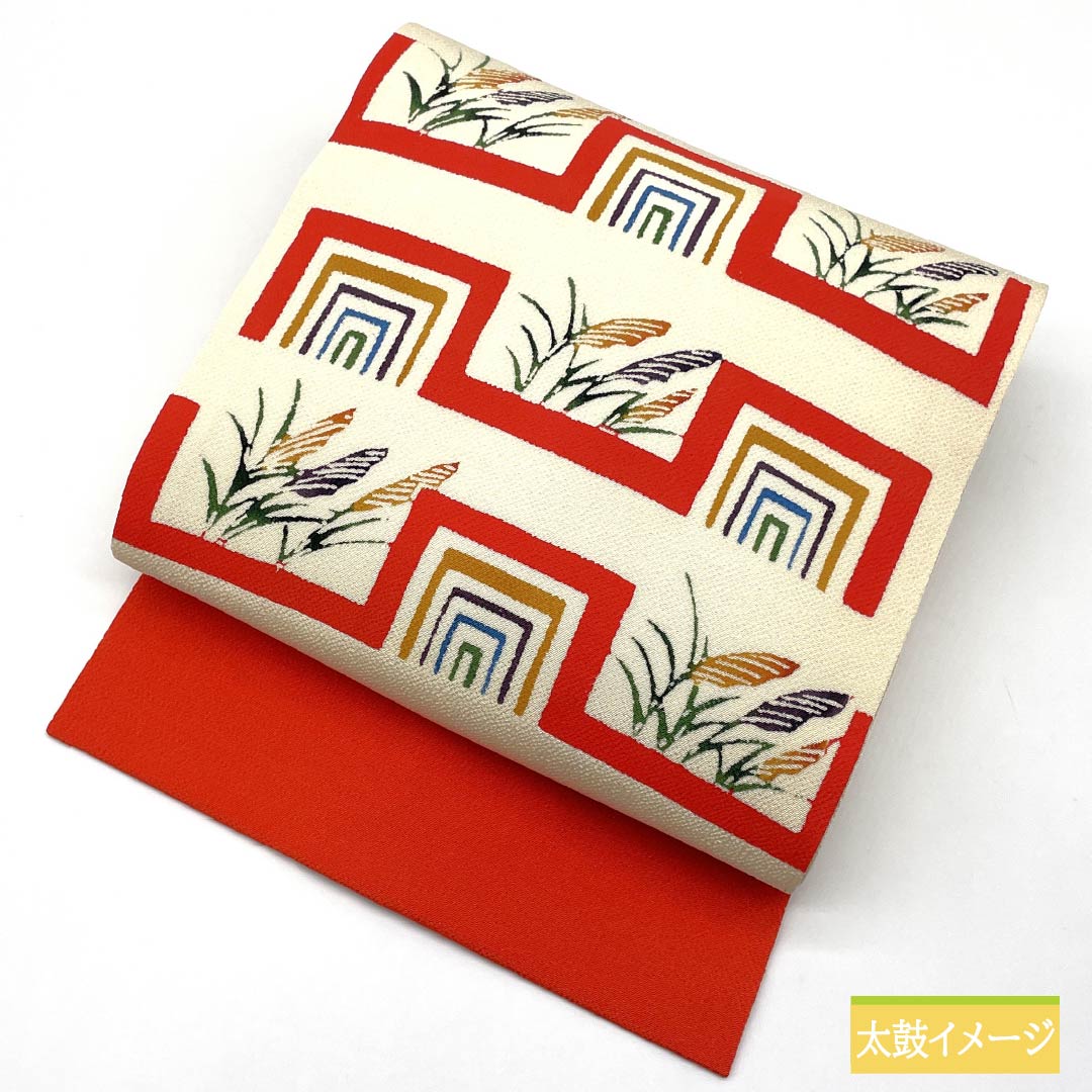 Nagoya obi, natural color (kinariiro), crepe fabric, stencil dyed, Japanese silver grass, obi length 376cm, pure silk, S rank, point pattern, casual, cream color, 1124008242315, Nagoya tailoring