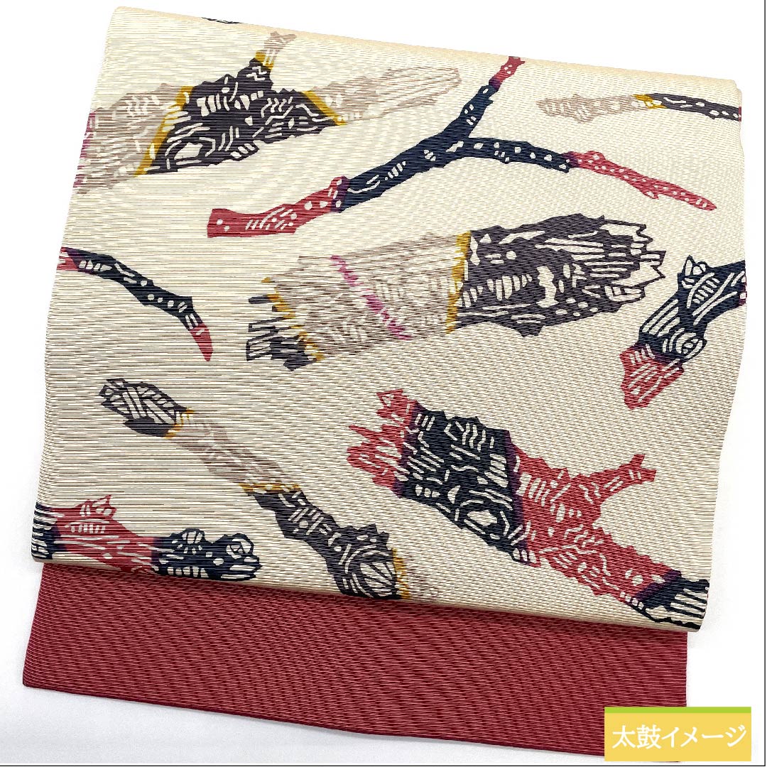 Nagoya obi, natural color, stencil dyeing, Kyoto Bingata, abstract pattern, obi length 378.5cm, pure silk, S rank, full length, casual, white, 1124005772311, Nagoya style