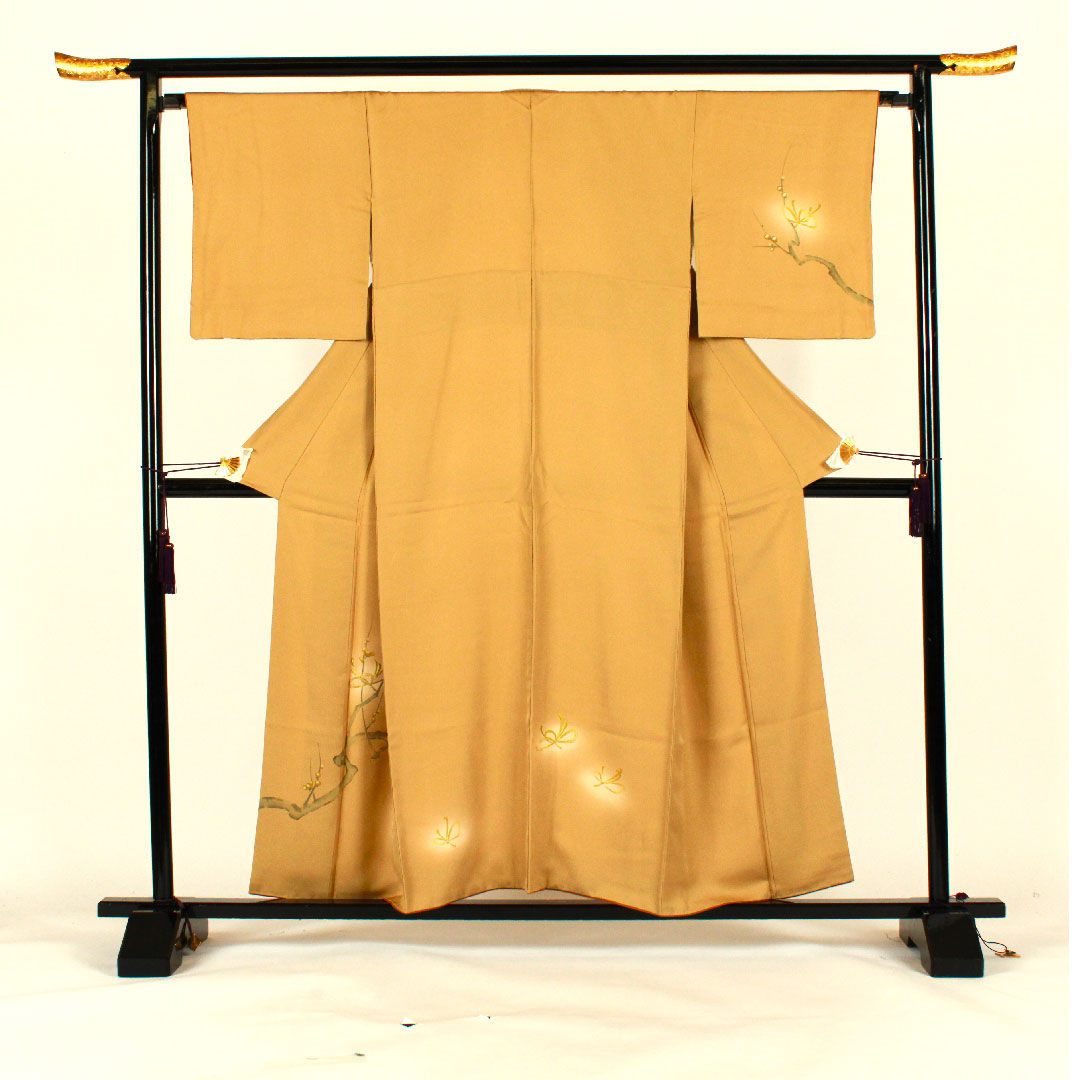 Homongi, lined, length 157cm, sleeve length 66cm, embroidery, plum blossom, pure silk, S rank, yellow, 1112000822323