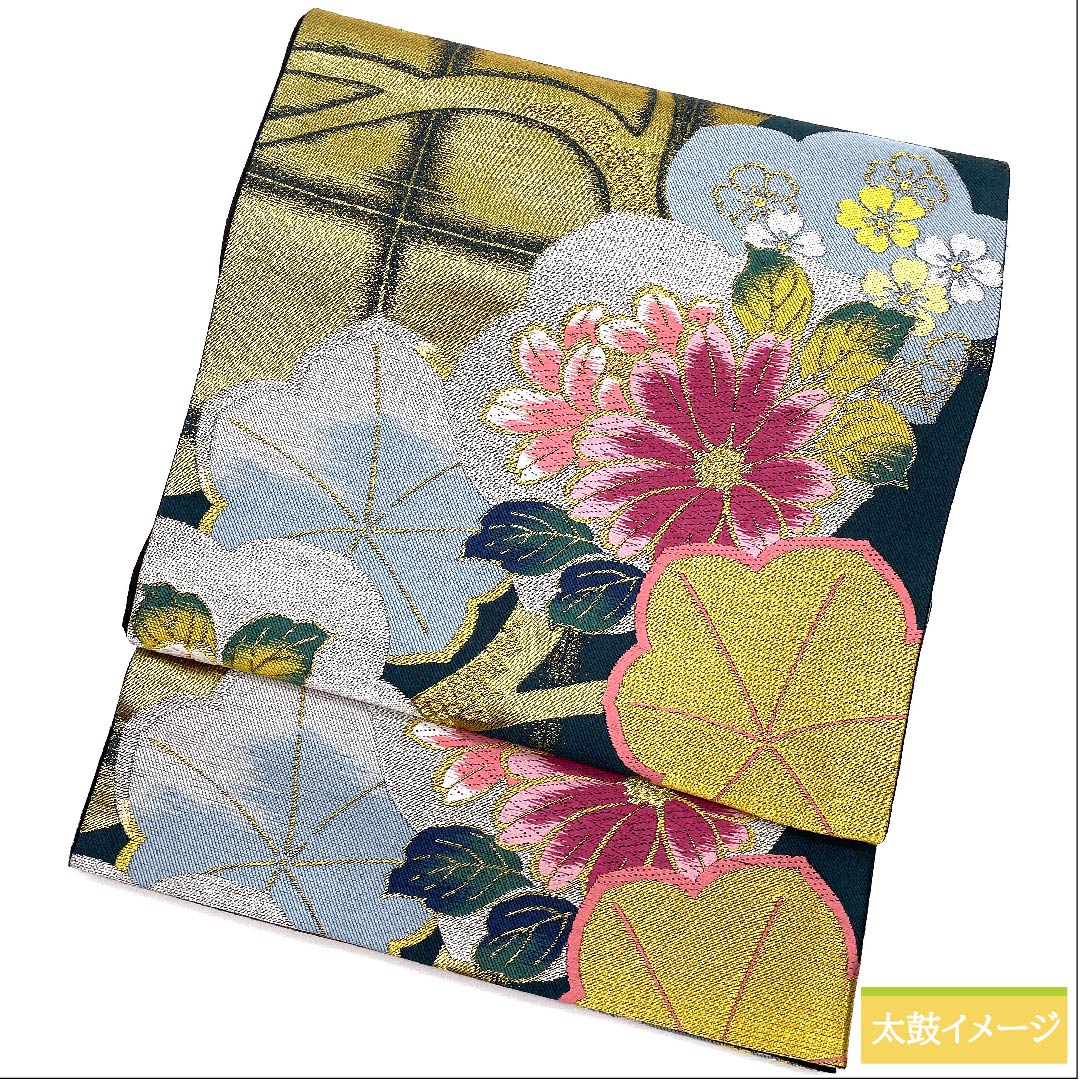 袋帯 高麗納戸色（こうらいなんどいろ） 梅 桜 花模様 石畳 帯丈430cm 正絹 Sランク 六通 フォーマル 緑系 1123010482319