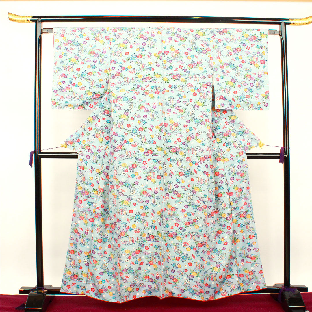 Komon, Length 160cm, Sleeve length 62cm, Lined, Light indigo, Stencil dyeing, Floral pattern, Pure silk, S rank, Blue 1115002742417