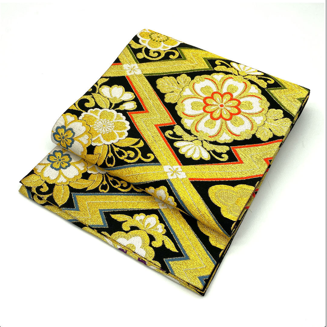 Fukuro Obi for Furisode, Matsukawabishi, Flower Pattern, Length 440cm, Pure Silk, S Rank, Six-way, Formal, Black, 1123004512310