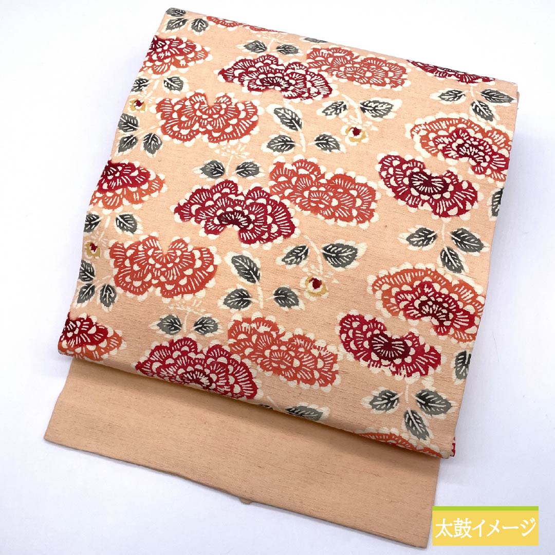 Nagoya obi, salmon pink, pongee fabric, stencil-dyed, abstract floral pattern, obi length 358cm, pure silk, S rank, six-pass, casual, pink, 1124008272313, Nagoya-made