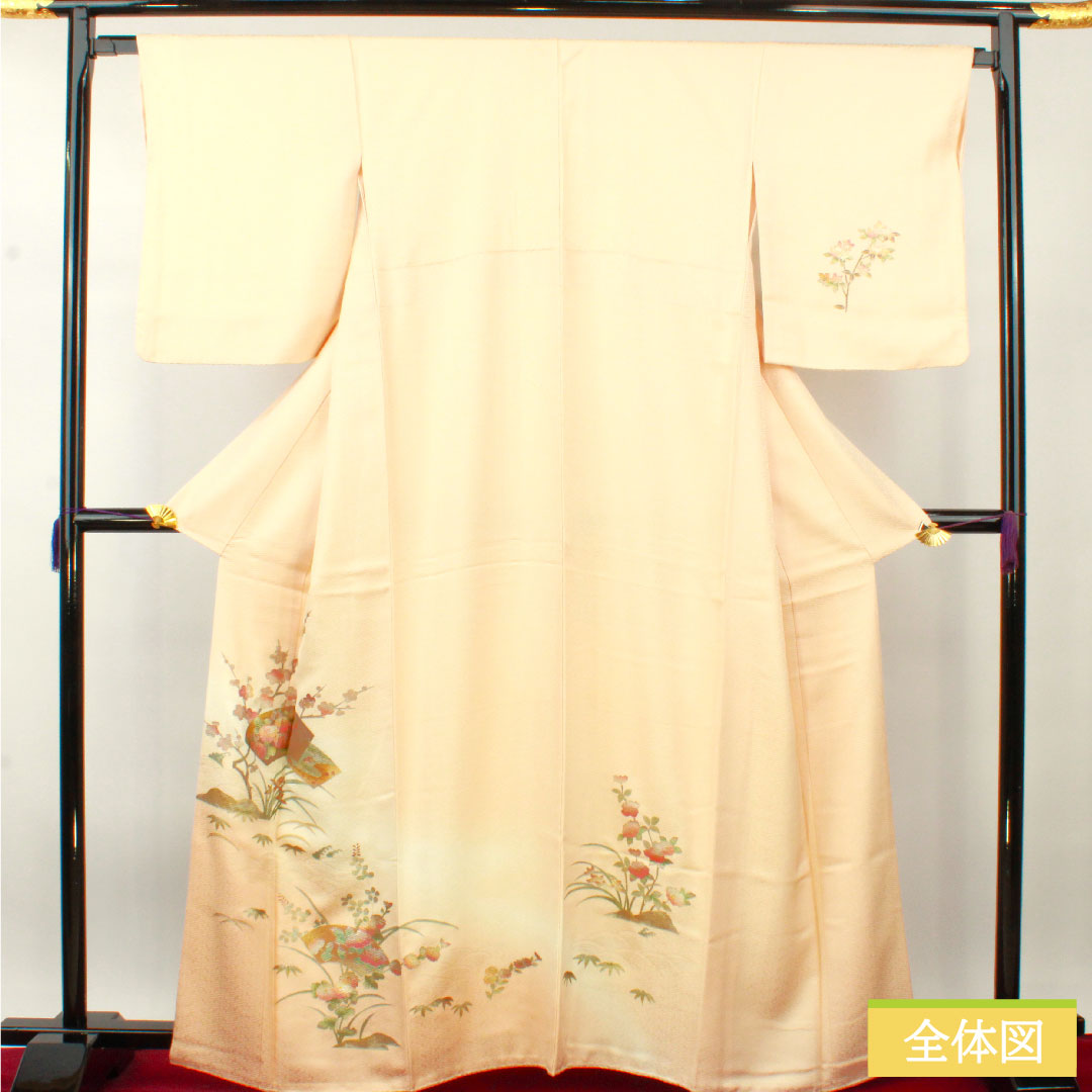 Homongi, pure silk, lined, length 164.5cm, sleeve length 65.5cm, maiden color, Kyoto Yuzen, gold leaf finish, floral pattern, pearl tone finish, S rank, pink, 1112004402413