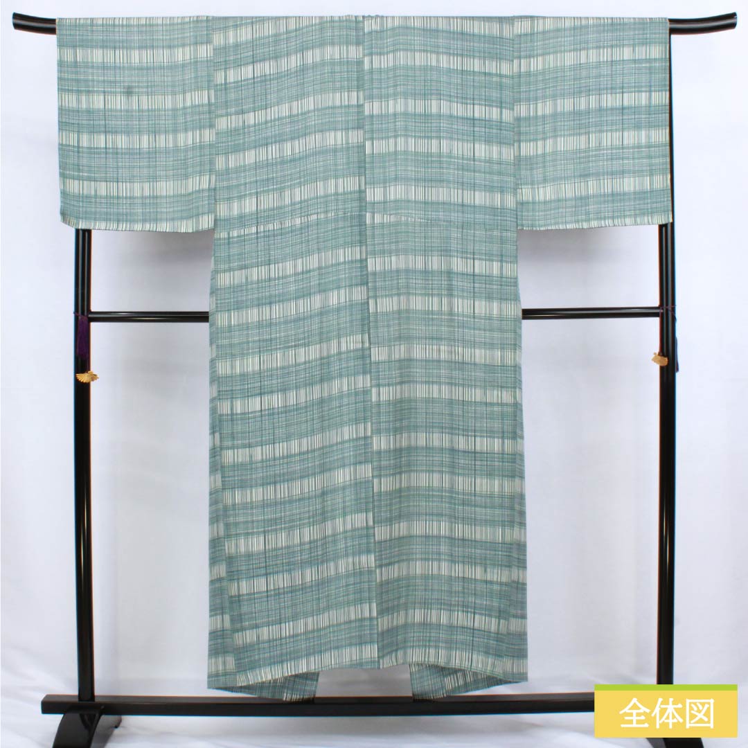 Men's Nagajuban (long under-kimono), pure silk, S-rank, length 151cm, sleeve length 69cm, indigo brown (aito-chairo) check pattern, single layer, light blue, 1140000632524