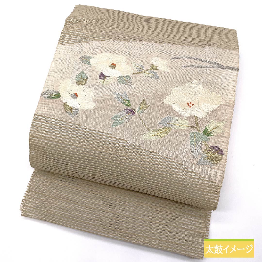 Nagoya Obi, pure silk, flaxen, summer obi with a scoop weave and summer camellia pattern, length 362cm, S rank, accent pattern, semi-formal, beige, 1124008702325, pine needle stitching