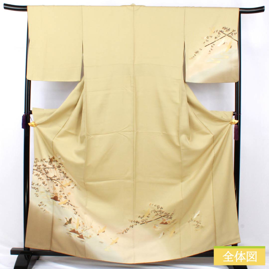 Visiting Kimono, Pure Silk, Rank B, Lined, Length 165.5cm, Sleeve Length 67cm, Pale Yellowish Brown, Gold Accents, Flowing Water and Crane Design, Yellowish Color, Product Number: 1112006904523