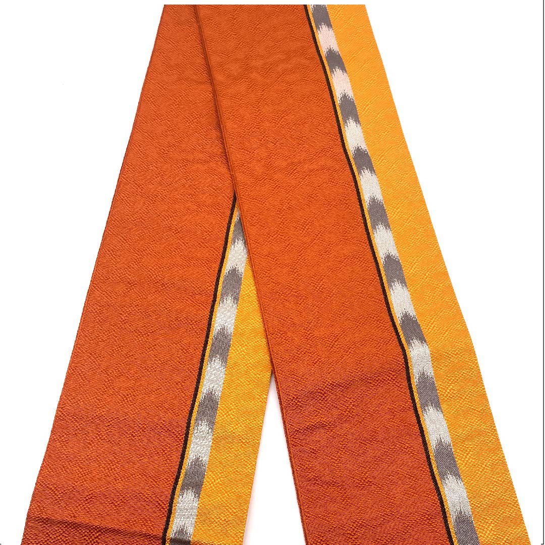 【Unhemmed】Half-width obi, polyester, S rank, vermilion, orange, arrow-feather pattern, geometric pattern, obi length 394cm, orange-based 1125001252326