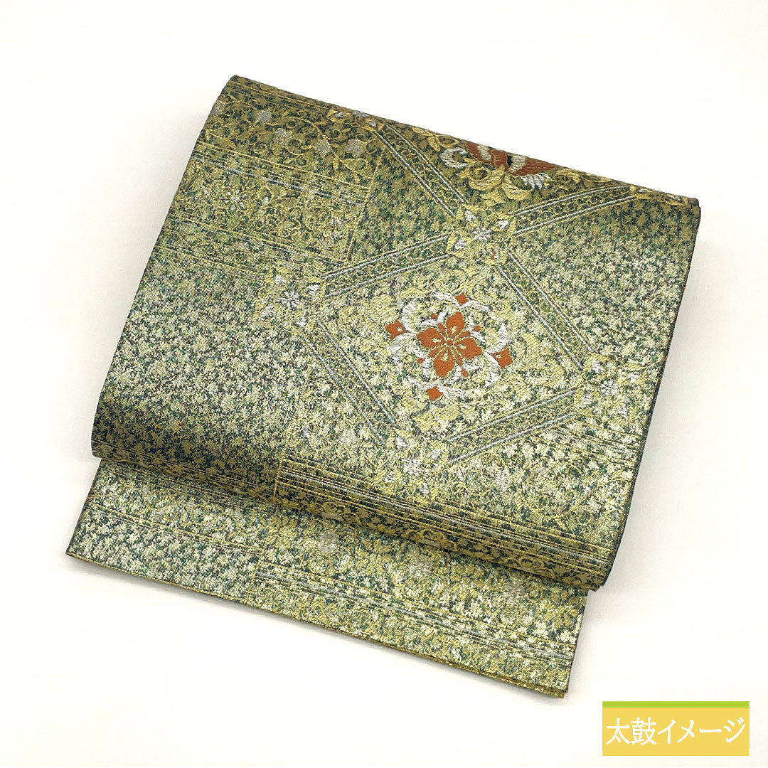 Reversible Nishijin-ori obi, pure silk, grade A, featuring the Shosoin floral pattern, length 438cm, six-pass, formal, green, product number 1123016483319