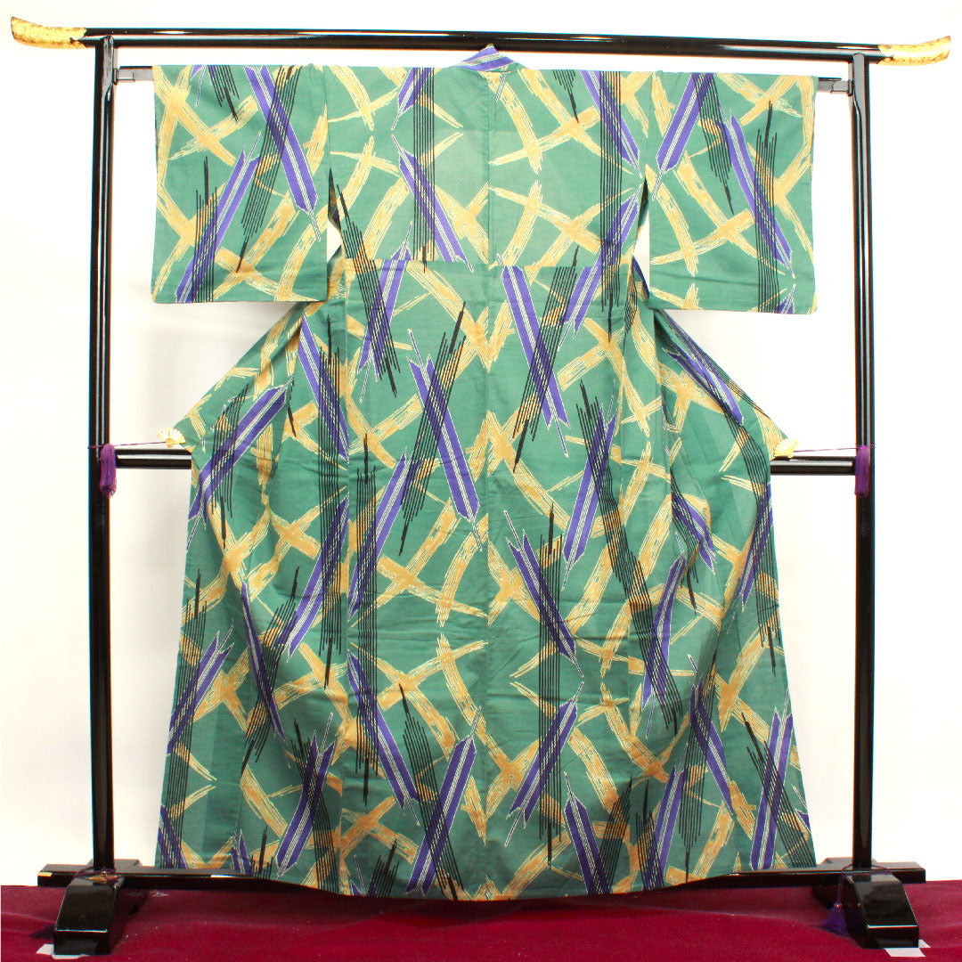 浴衣 萌葱色 幾何学模様 木綿 Aランク 単衣 身丈162cm 裄丈64.5cm 緑系 1118003963419