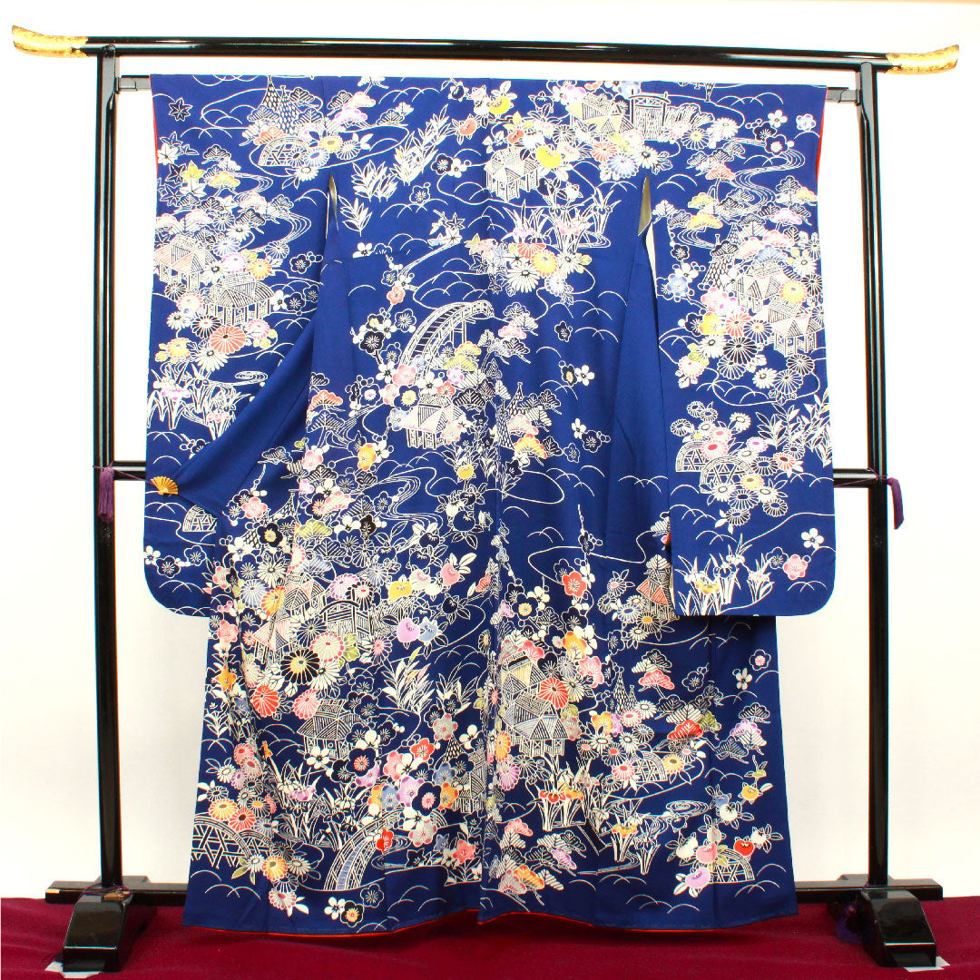 振袖 身丈161.5cm 裄丈64cm 袷  紺桔梗色 京紅型 松竹梅 菊 葵  正絹 Aランク 紺系 1113001593418