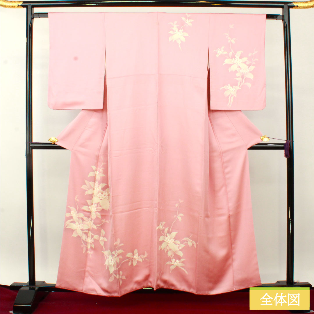 訪問着 正絹 袷 身丈158.5cm 裄丈62.5cm 一斤染色（いっこんぞめいろ） 京友禅 草花模様 一つ紋 丸に沢瀉 Aランク ピンク系 1112004763313