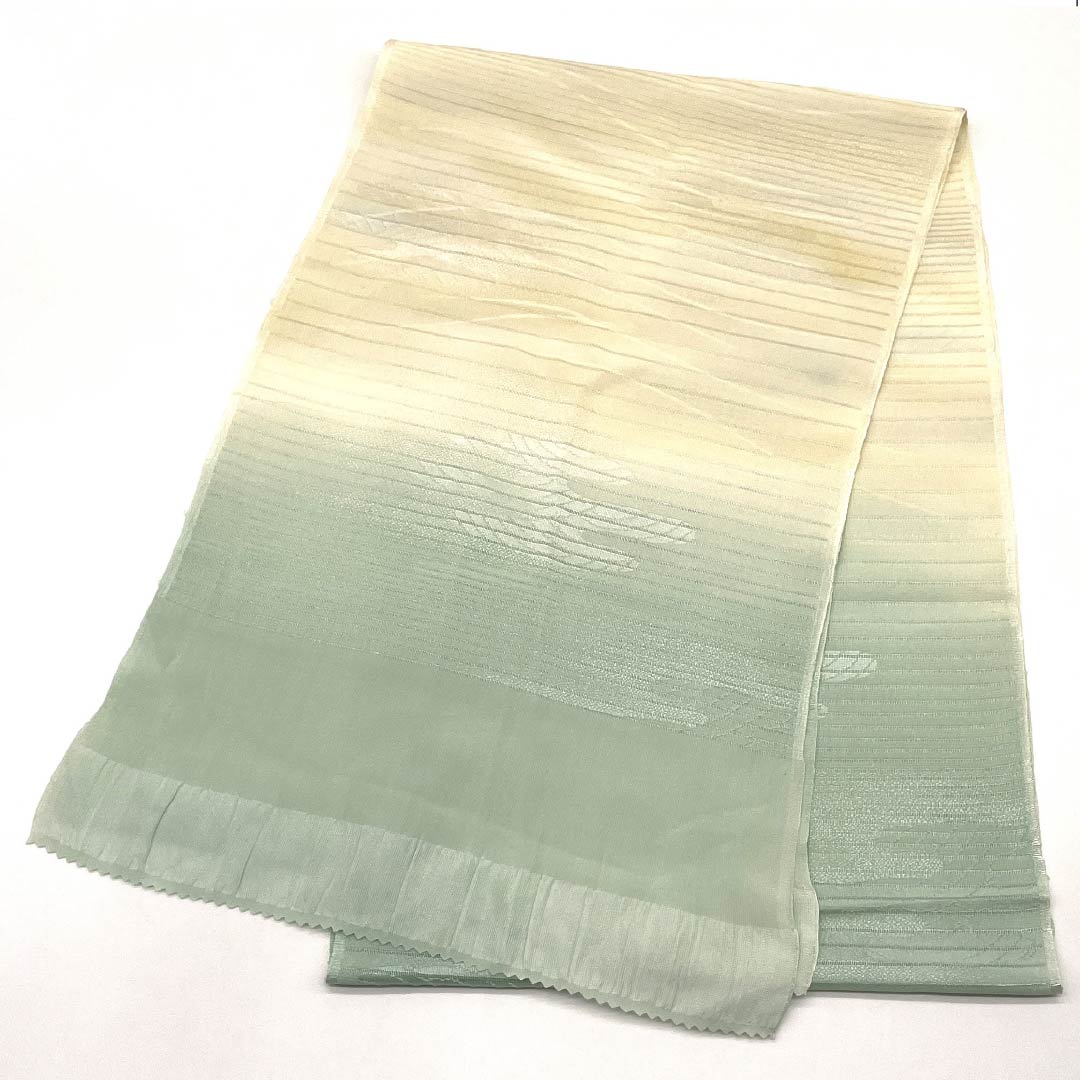 帯揚げ 正絹 セミフォーマル 鳥の子色（とりのこいろ） 白緑色（びゃくろくいろ） 絽 夏用 長さ約178cm 幅約28.5cm Sランク クリーム系 1136000672915