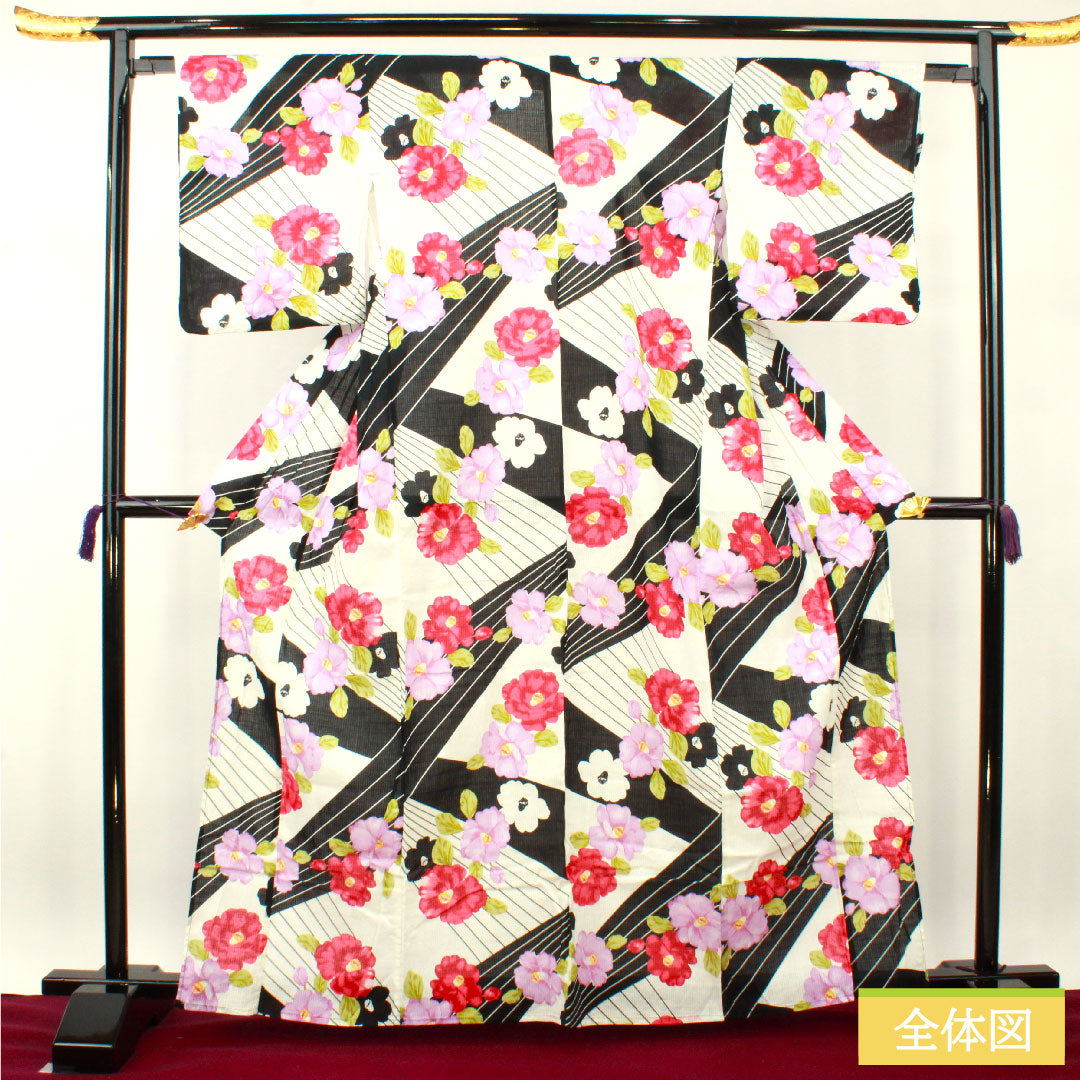 Yukata Cotton Length 163.5cm Sleeve length 64cm S rank Single layer Monotone Camellia 1118005092427