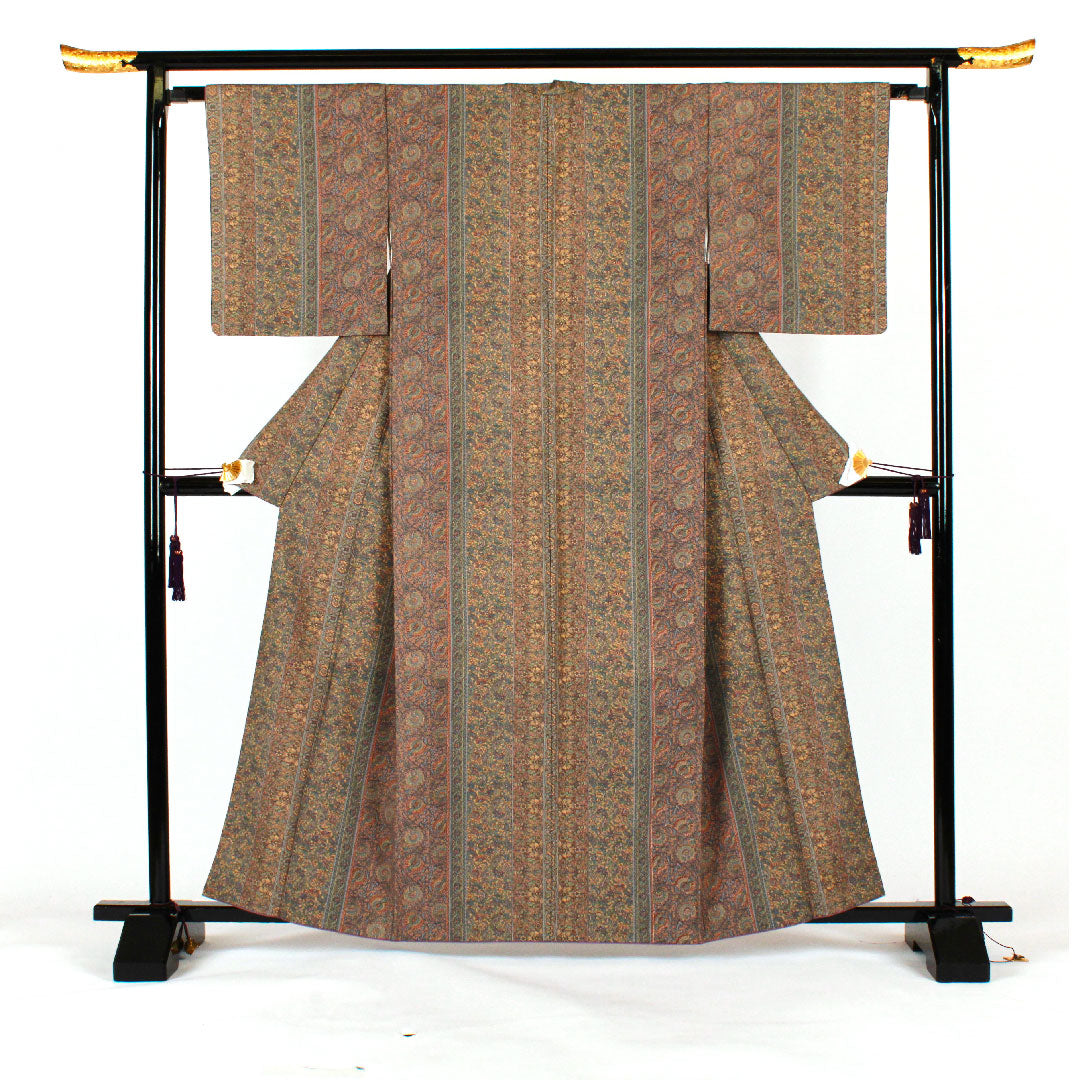 小紋 身丈162cm 裄丈64cm 袷  更紗模様 洗える着物  ポリ Sランク 茶系 1115001002314