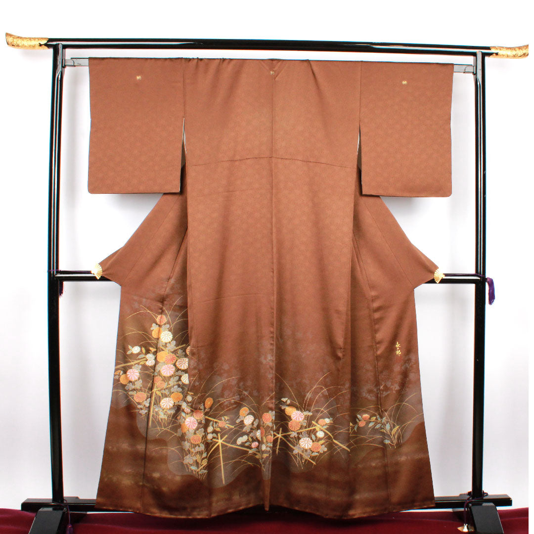 Colored Tomesode, Length 160cm, Sleeve Length 64cm, Awase, Constitution Color, Living National Treasure, Fukuda Yoshishige, Floral Pattern, Different Sedge, Pure Silk, S Rank, Three Crests, Brown, 1111000422414