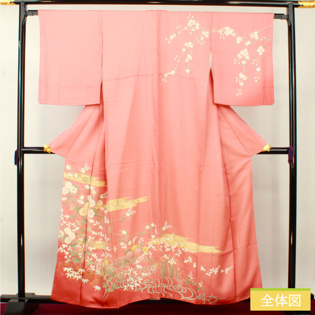 Homongi, pure silk, lined, length 158.5cm, sleeve length 64.5cm, Choshun-iro (Choshu-iro), Kyo-Yuzen, cherry blossom, chrysanthemum, flowing water, auspicious motif, S rank, pink, 1112004442313