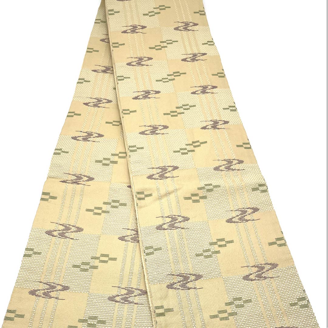【未仕立】半幅帯 ポリエステル Aランク 鳥の子色（とりのこいろ） 絣模様     帯丈386cm ベージュ系 1125001693325