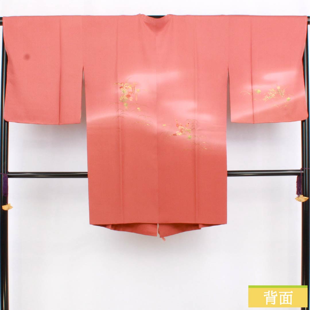 道行コート 正絹 Sランク 身丈88.5cm 裄丈68cm 紅唐色（べにとういろ） 刺繍 金彩加工 花 袷 赤系 1117001212912