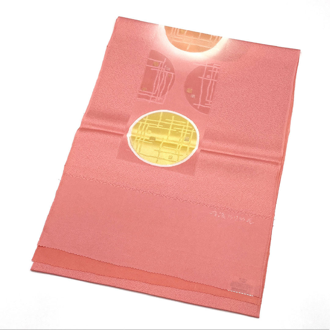 (Like New) Semi-Formal Silk Obiage (Sash) in Peach Red (Tango Chirimen) with Geometric Pattern, Approximately 180cm Long, 30.5cm Wide, Pink, Product Number: 1136001271913