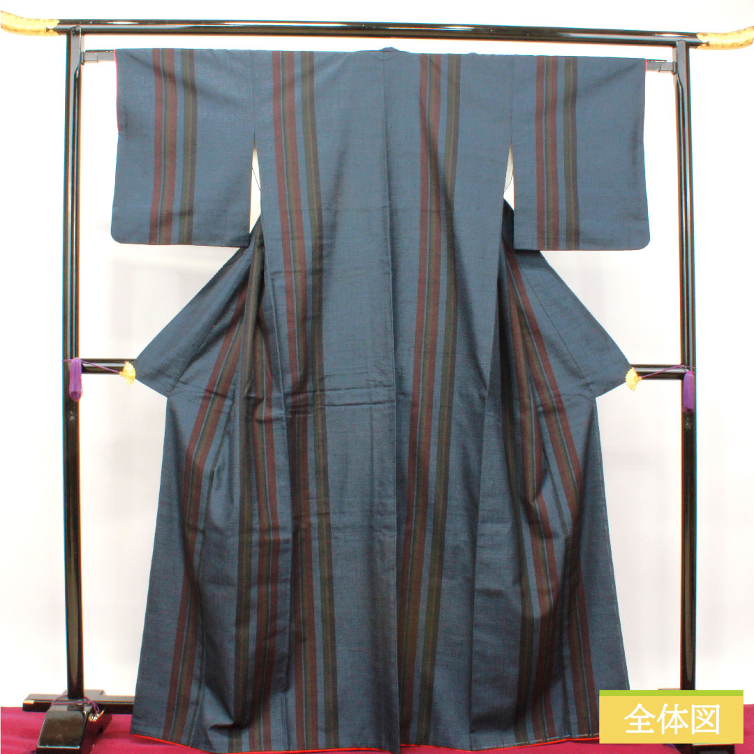 Tsumugi silk, length 168cm, sleeve length 64cm, hexagonal pattern, stripes, S rank, lined, navy blue, 1116003092518