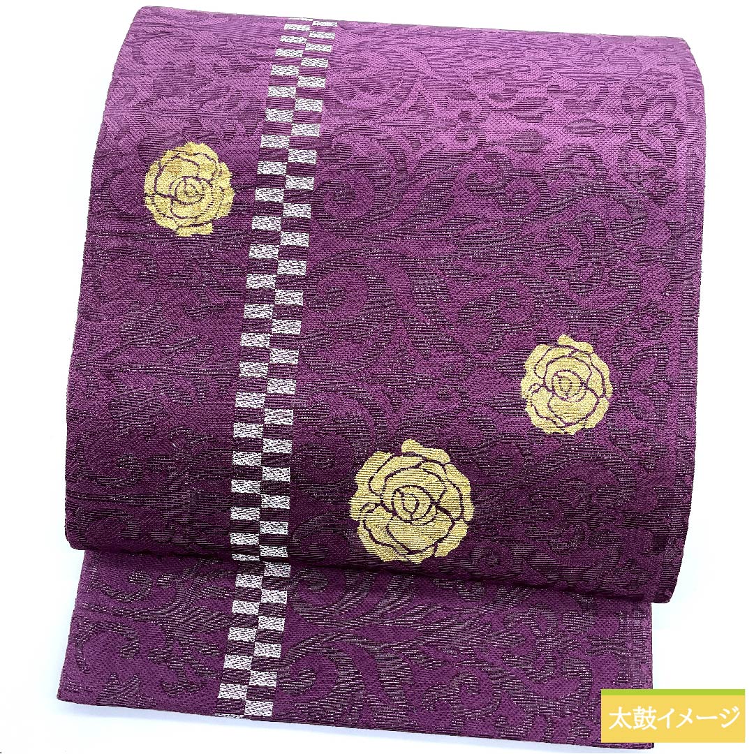 Fukuro Obi, pure silk, crimson, arabesque pattern, rose, Sanskrit characters, obi length 450cm, S rank, point pattern, semi-formal, purple, 1123011002320