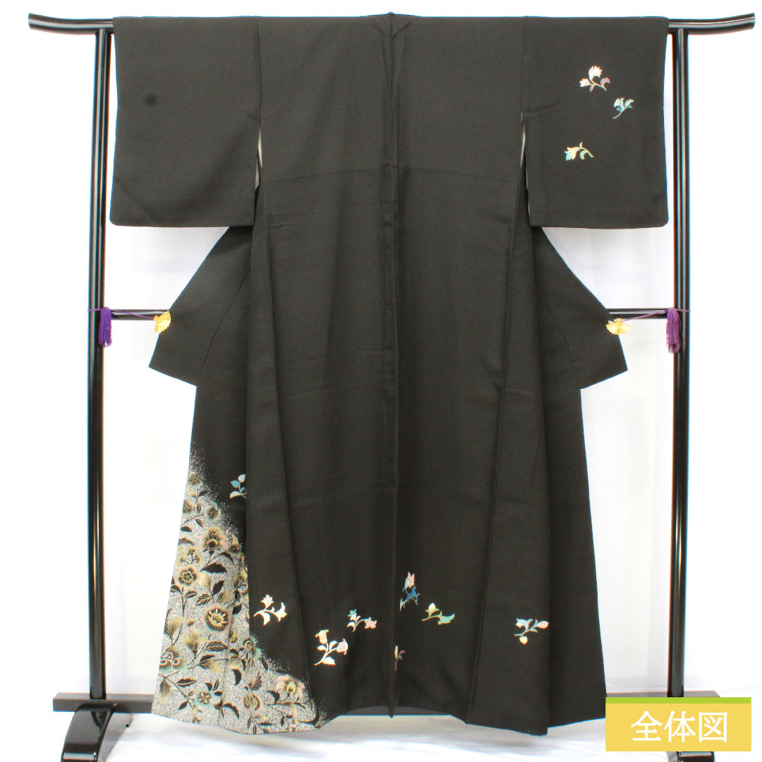 Homongi, pure silk, lined, length 158cm, sleeve length 62.5cm, Kyoto Yuzen, floral pattern, A rank, black, 1112005613310