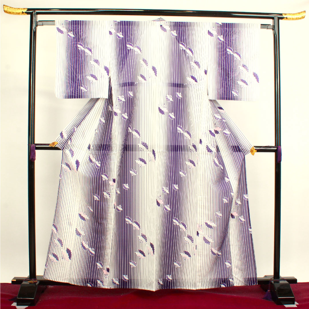 Summer kimono, polyester, small pattern, length 162.5cm, sleeve length 62cm, washable kimono, fan, stripes, silk, S rank, gradation style, 1132000712499
