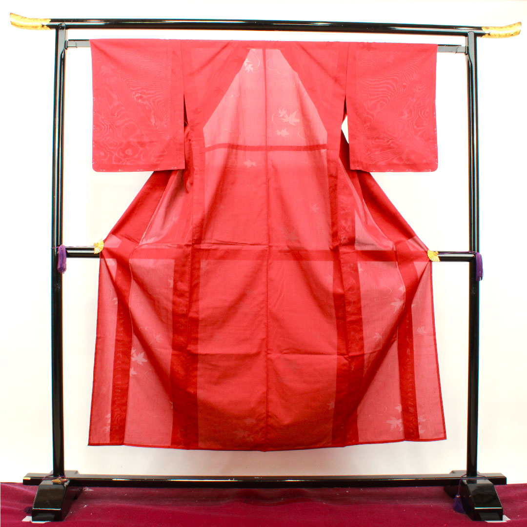 夏物 正絹 色無地 身丈151.5cm 裄丈62cm 真紅色（しんくいろ） 紅葉 紗 Sランク 赤系 1132001252212