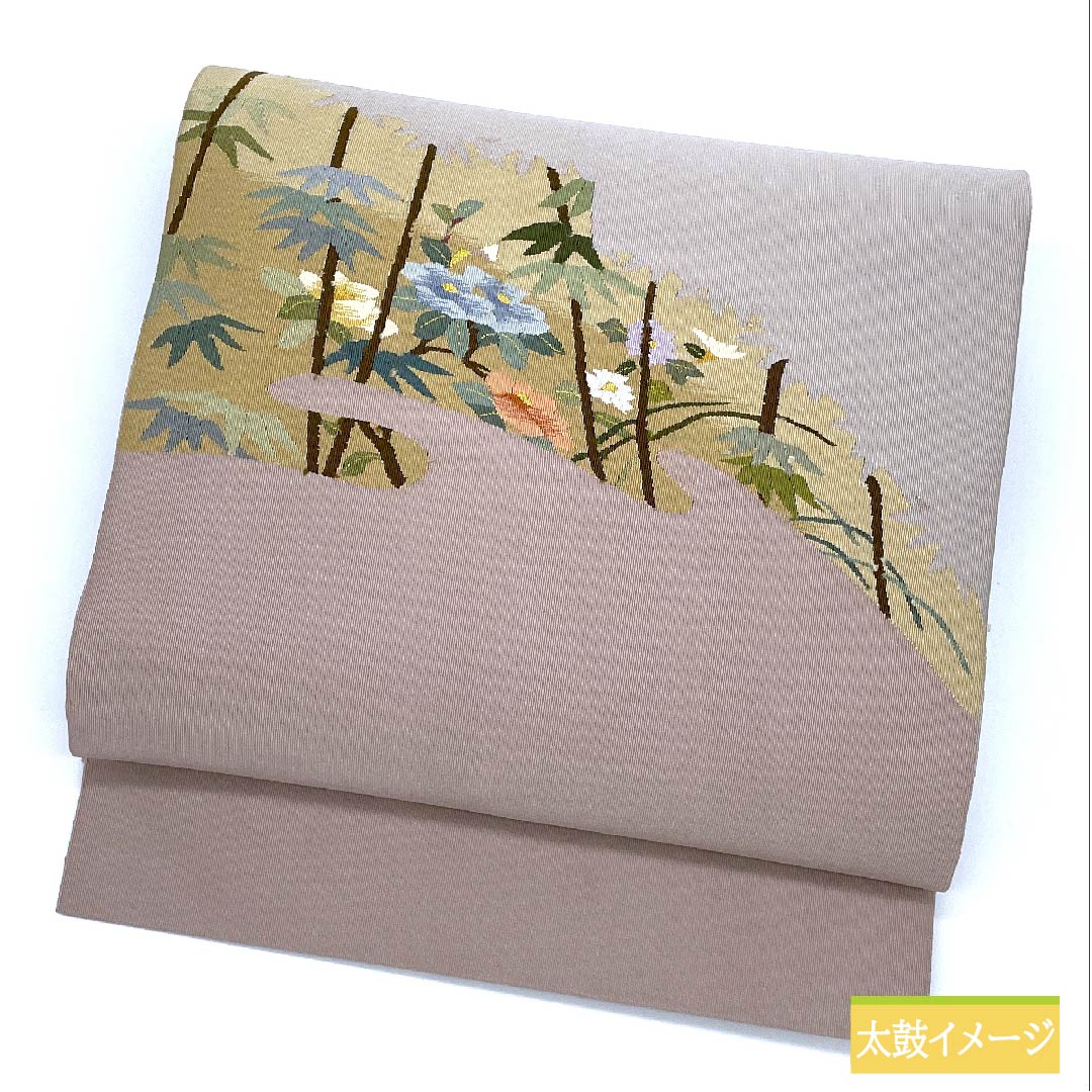 Nagoya obi, grayish white, bamboo, curtain flower, obi length 370cm, pure silk, S rank, point pattern, casual, gray, 1124006422322, pine needle style