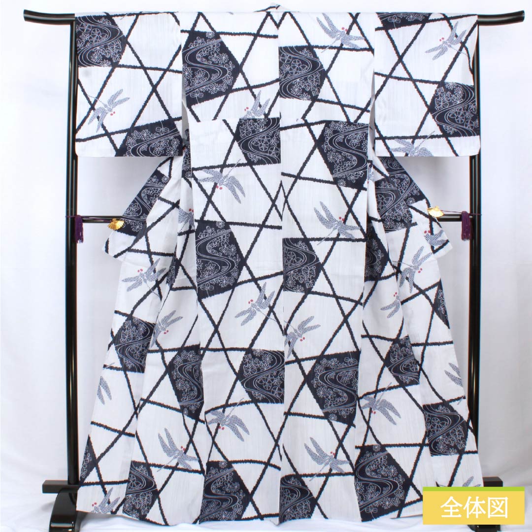 Cotton Yukata, Length 167.5cm, Sleeve Length 66cm, A Rank, Single Layer, White with Moon White (Geppakuiro) Design, Dragonfly Pattern, Part Number 1118006363511