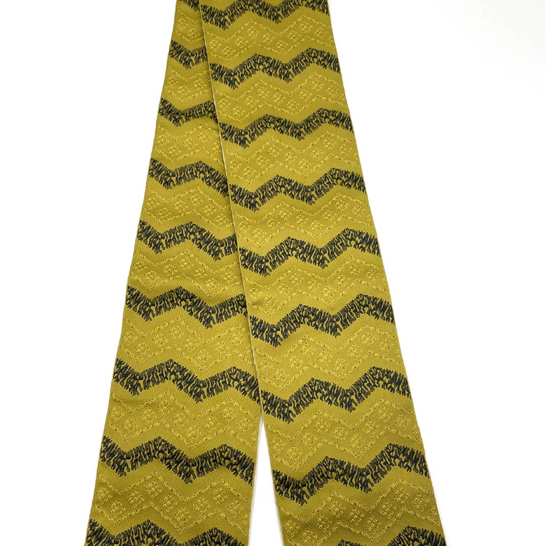 (New) Half-width obi, polyester, NEW rank, rapeseed oil color and susuki color, zigzag pattern, abstract floral pattern, reversible, obi length 400cm, green family, 1125002771419