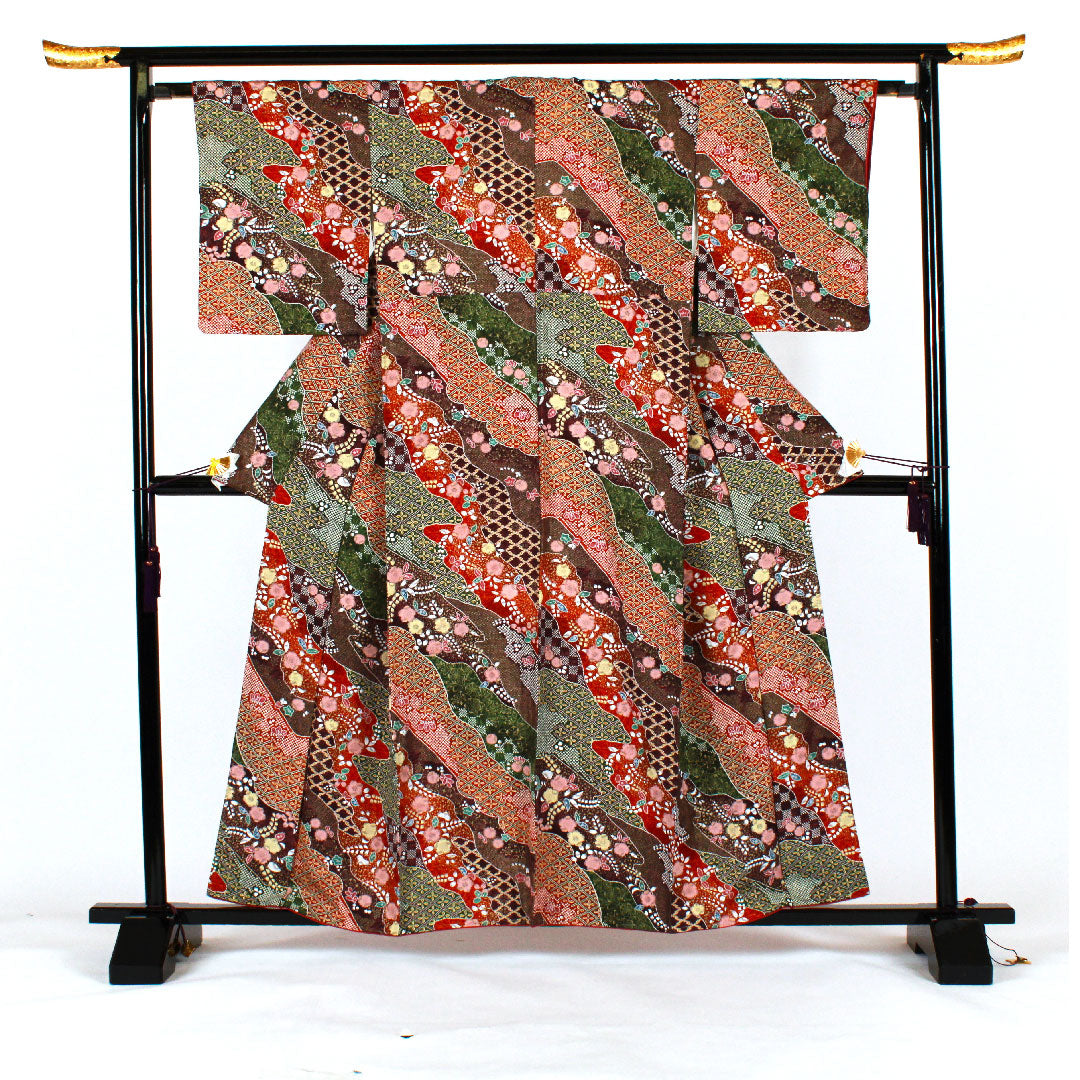 Komon, Length 160cm, Sleeve Length 65cm, Awase, Tsujigahana, Pure Silk, S Rank, Brown, 1115000722314